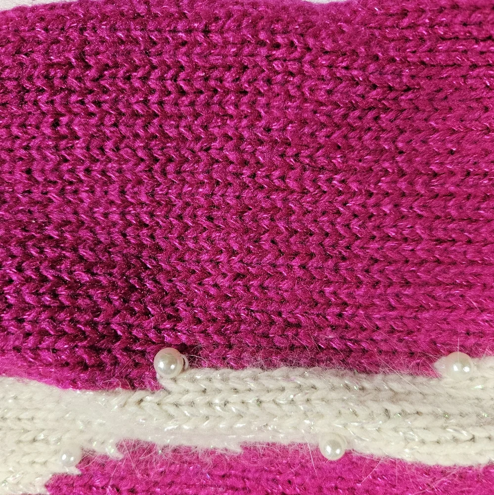 Vintage Jaclyn Smith Hot Pink White Bow Sweater Sz L Pearl Bead Granny Coquette - Picture 12 of 16